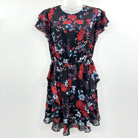 Dolan Julia Clip Dot Jacquard Chiffon Dress Size S Black Floral Ruffle Feminine - Picture 1 of 13